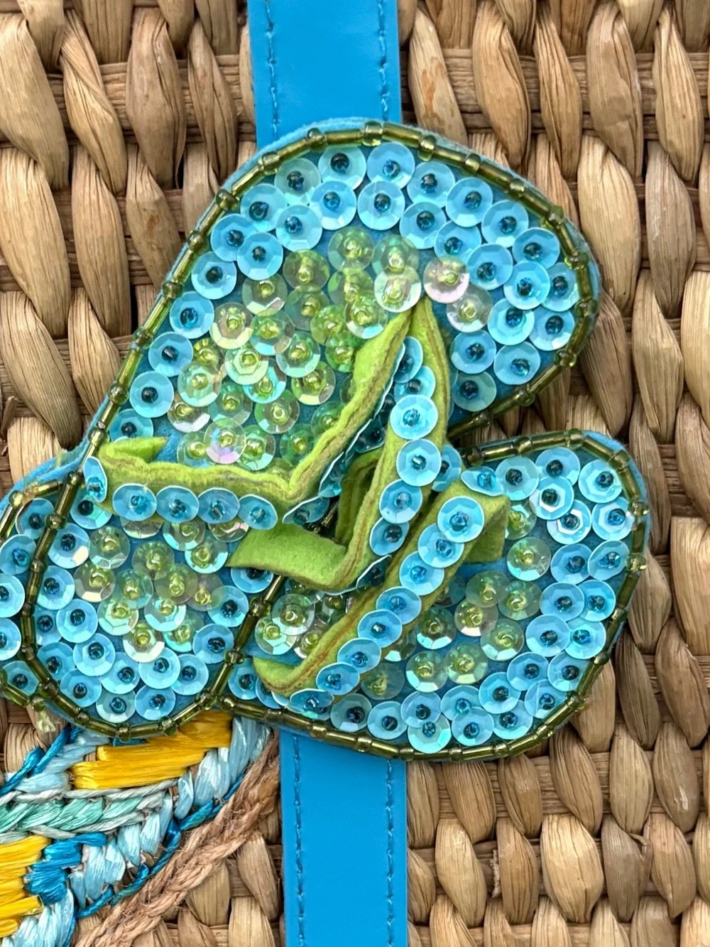 STRAW TOTE Woven with Turquoise Trim and Sequin Flip Flop